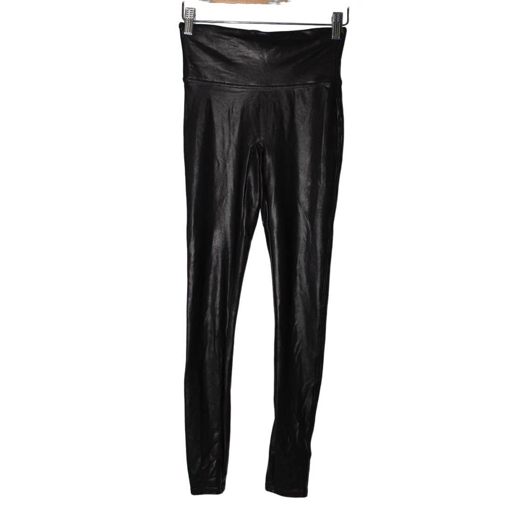 Women's Spanx Black Faux Leather Athletic Full Length Leggings Yoga Pants Size S